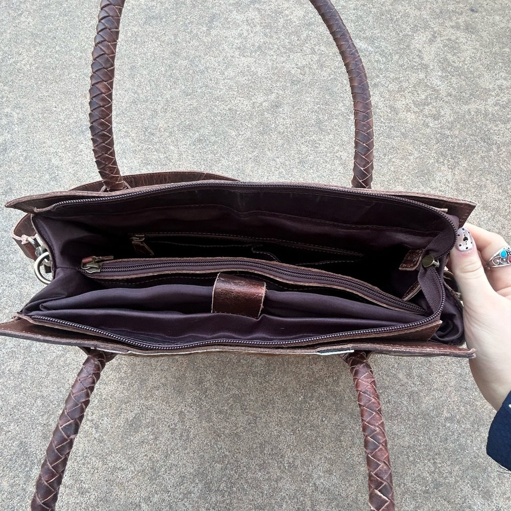 Artisan Brown and Tan Leather Tote with Embossed Design - Picture 2 of 2
